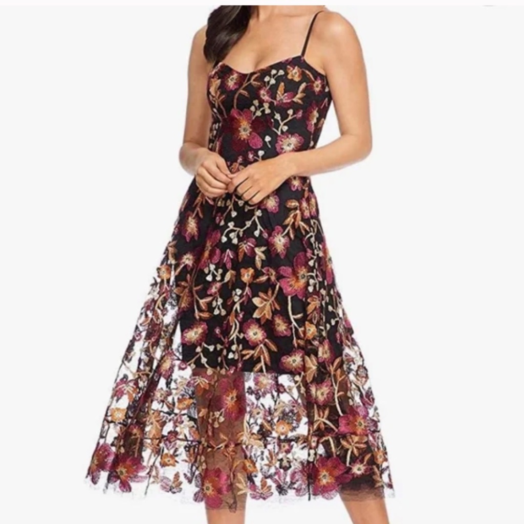 Nwt Dress The Population Uma Floral Embroidered Lace Midi Dress Size S